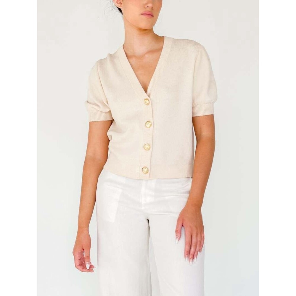 Vintage St John Knit Wool Blend Puff Sleeve Old Money Cardigan Gold Button Large